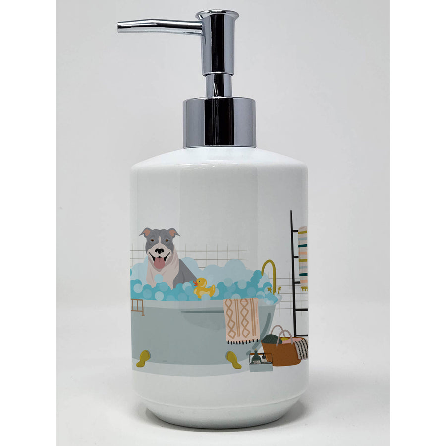 Blue and White Pit Bull Terrier Ceramic Soap Dispenser Image 1