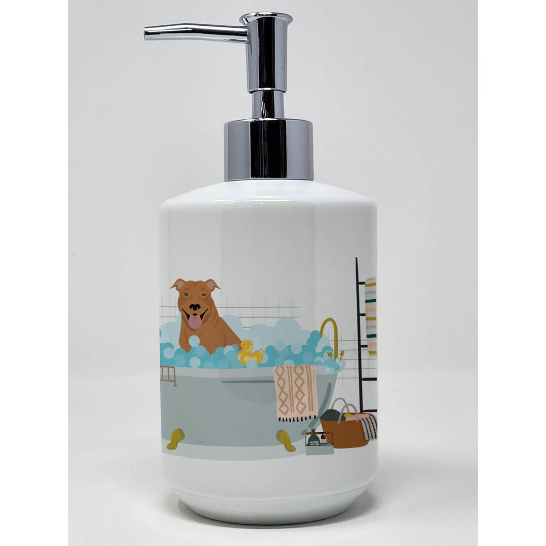 Red Pit Bull Terrier Ceramic Soap Dispenser Image 1