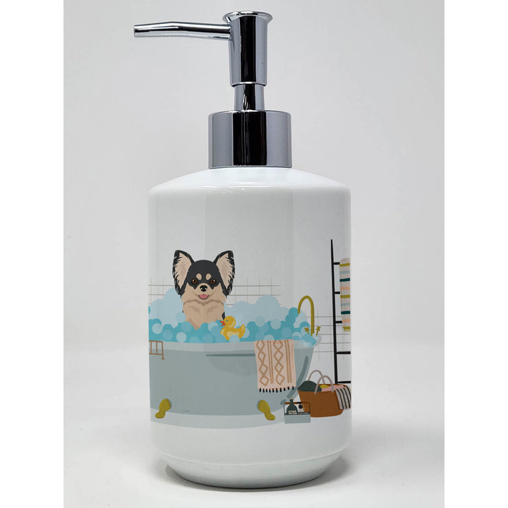 Longhaired Black and White Chihuahua Ceramic Soap Dispenser Image 1