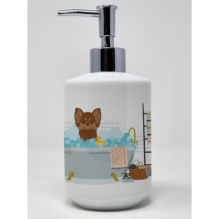 Longhaired Chocolate and Tan Chihuahua Ceramic Soap Dispenser Image 1