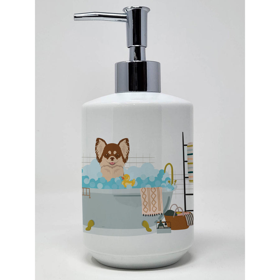 Longhaired Chocolate and White Chihuahua Ceramic Soap Dispenser Image 1