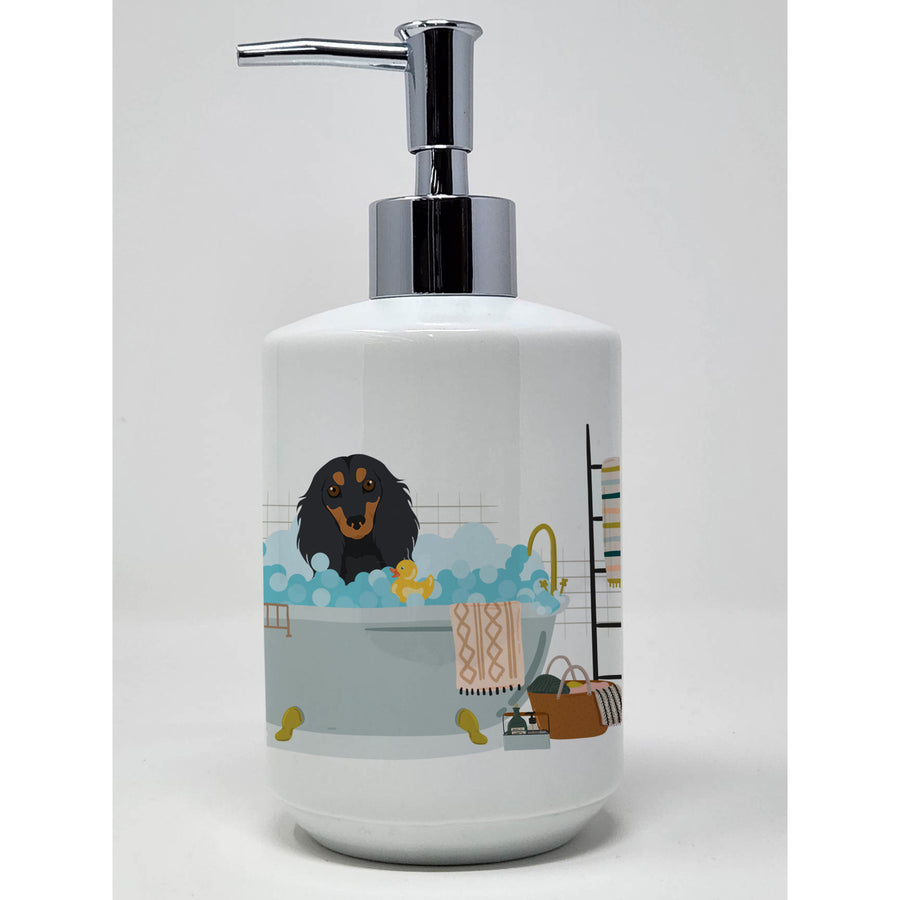 Longhair Black and Tan Dachshund Ceramic Soap Dispenser Image 1