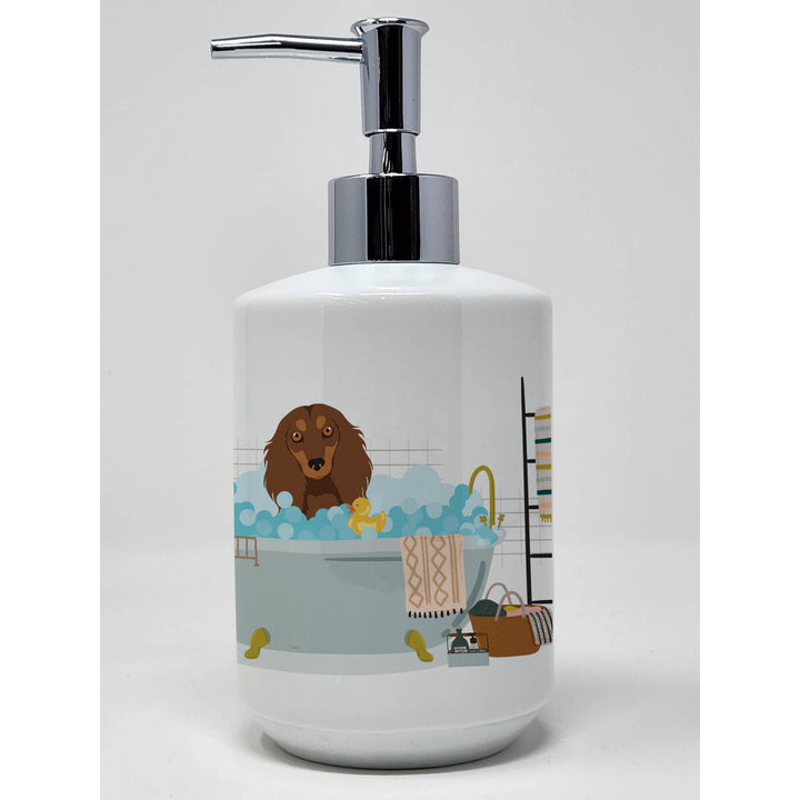 Longhair Chocolate and Tan Dachshund Ceramic Soap Dispenser Image 1