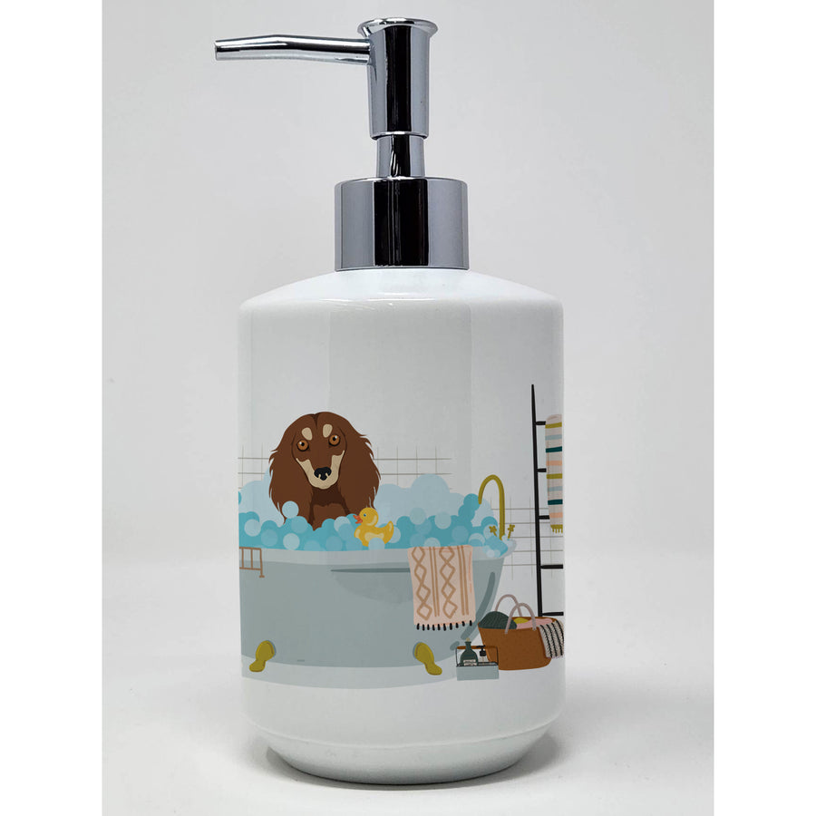 Longhair Chocolate and Cream Dachshund Ceramic Soap Dispenser Image 1