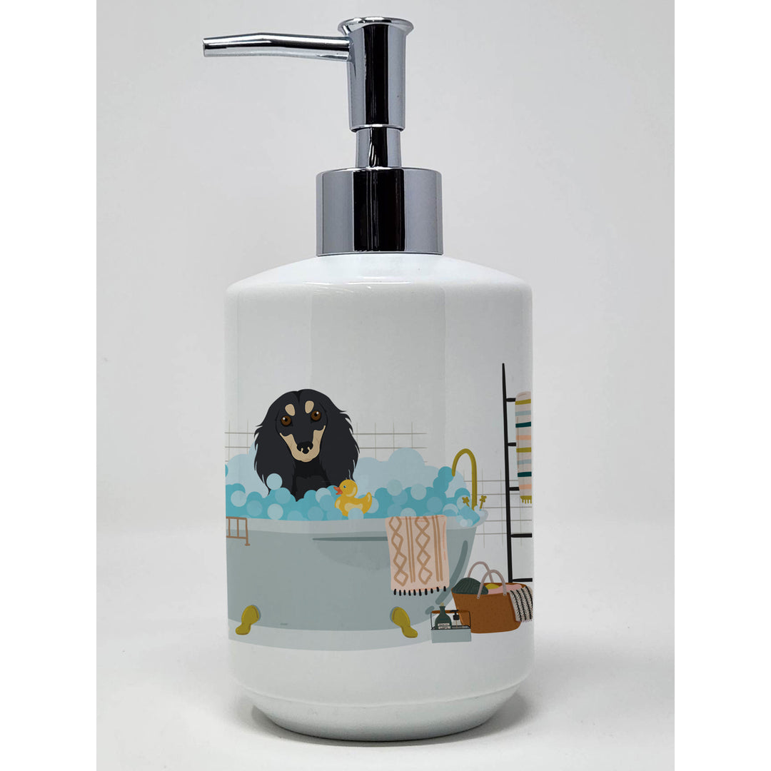 Longhair Black and Cream Dachshund Ceramic Soap Dispenser Image 1