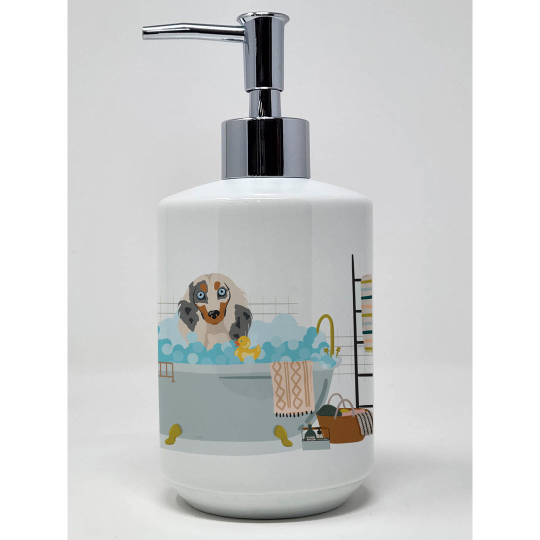 Longhair Cream Dapple Dachshund Ceramic Soap Dispenser Image 1