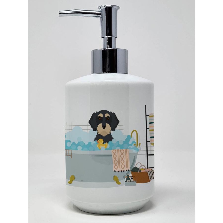 Wirehair Black and Cream Dachshund Ceramic Soap Dispenser Image 1