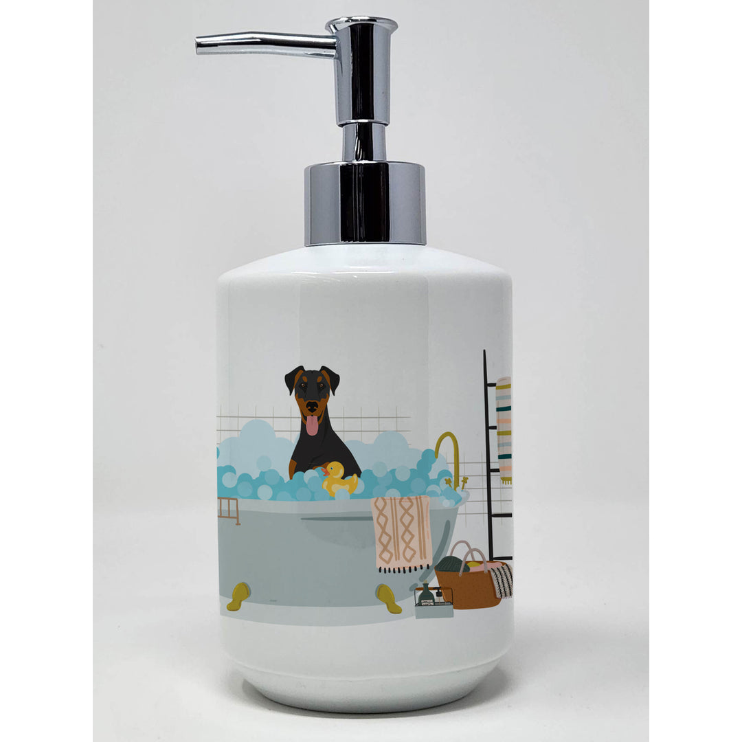 Natural Ear Black and Tan Doberman Pinscher Ceramic Soap Dispenser Image 1