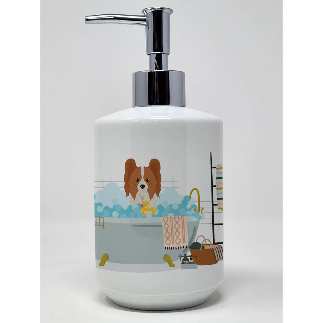 Red and White Papillon Ceramic Soap Dispenser Image 1