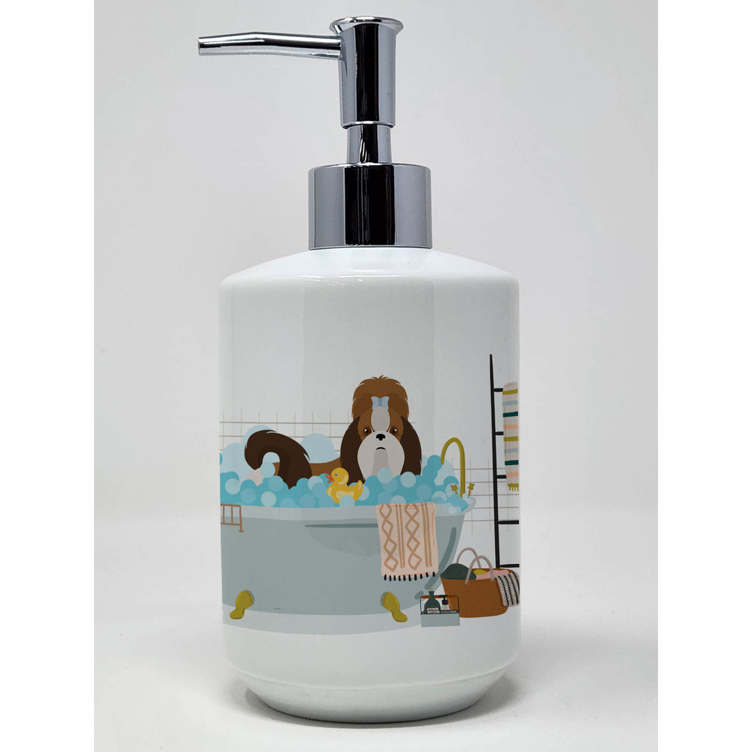 Red and White Shih Tzu Ceramic Soap Dispenser Image 1