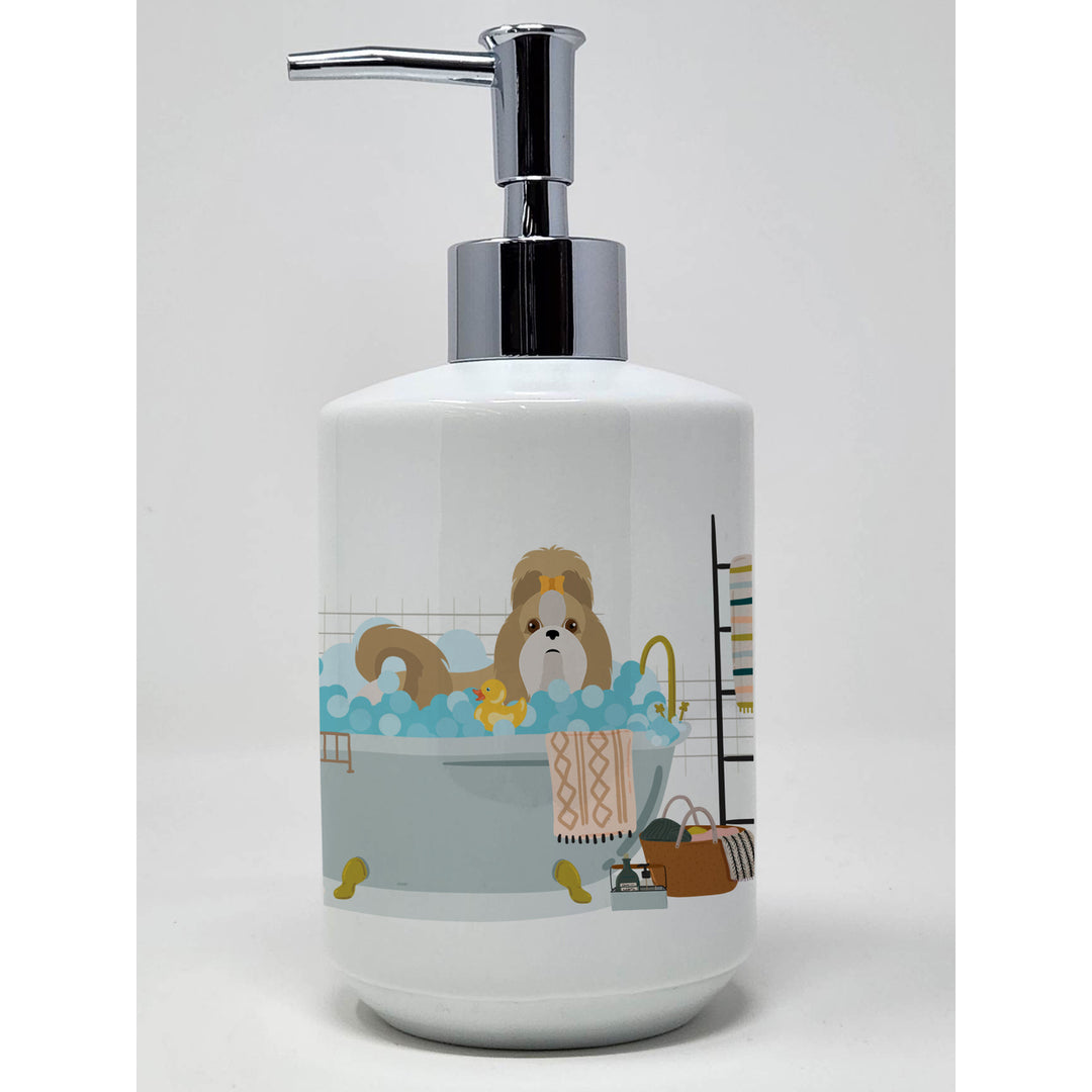 Gold and White Shih Tzu Ceramic Soap Dispenser Image 1