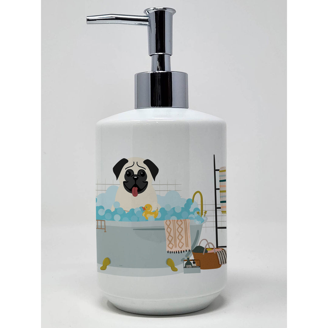 Cream Pug in Bathtub Ceramic Soap Dispenser Image 1