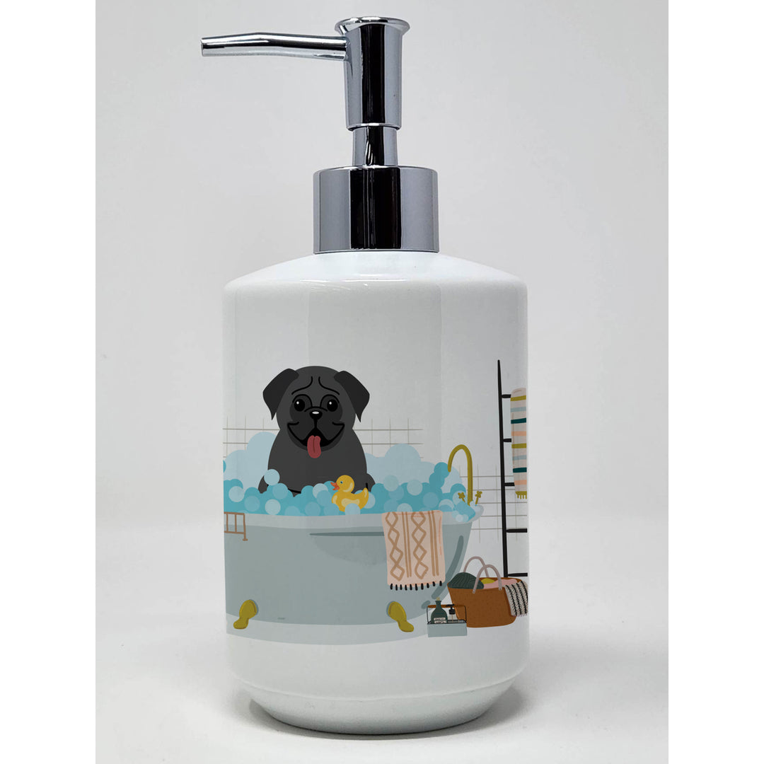 Black Pug in Bathtub Ceramic Soap Dispenser Image 1