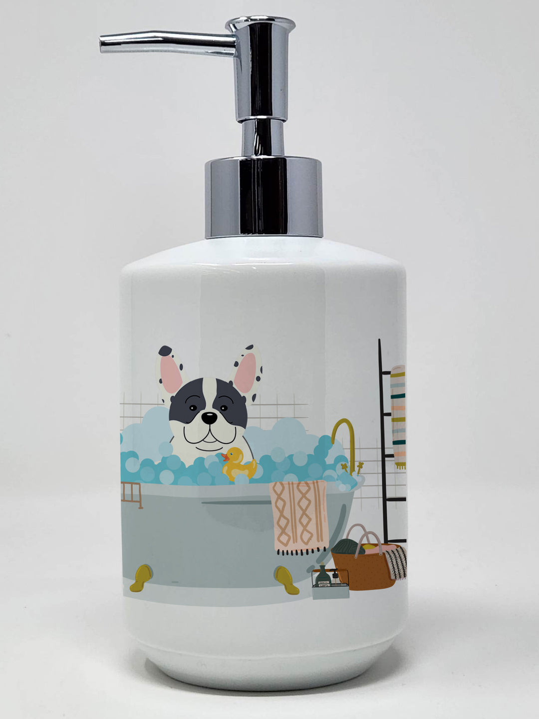 Piebald French Bulldog in Bathtub Ceramic Soap Dispenser Image 1