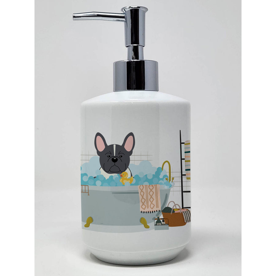 Black White French Bulldog in Bathtub Ceramic Soap Dispenser Image 1