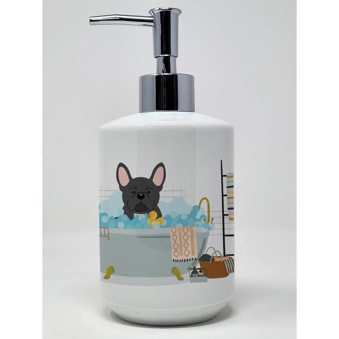 Black French Bulldog in Bathtub Ceramic Soap Dispenser Image 1