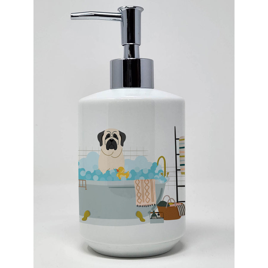 White Mastiff in Bathtub Ceramic Soap Dispenser Image 1