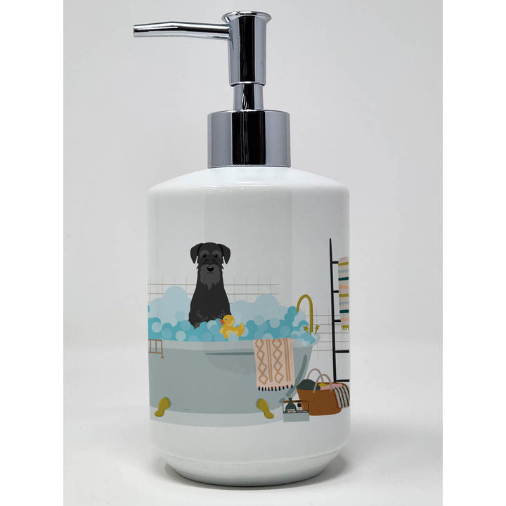 Black Standard Schnauzer in Bathtub Ceramic Soap Dispenser Image 1