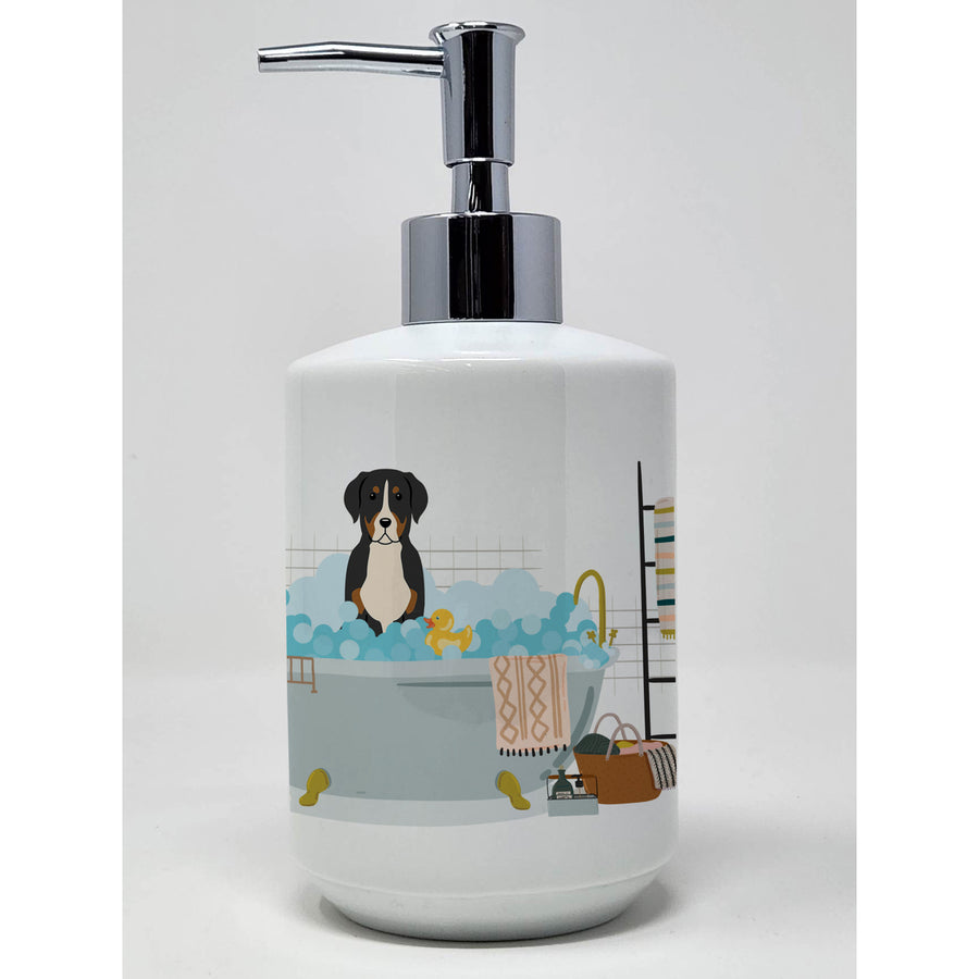 Greater Swiss Mountain Dog in Bathtub Ceramic Soap Dispenser Image 1