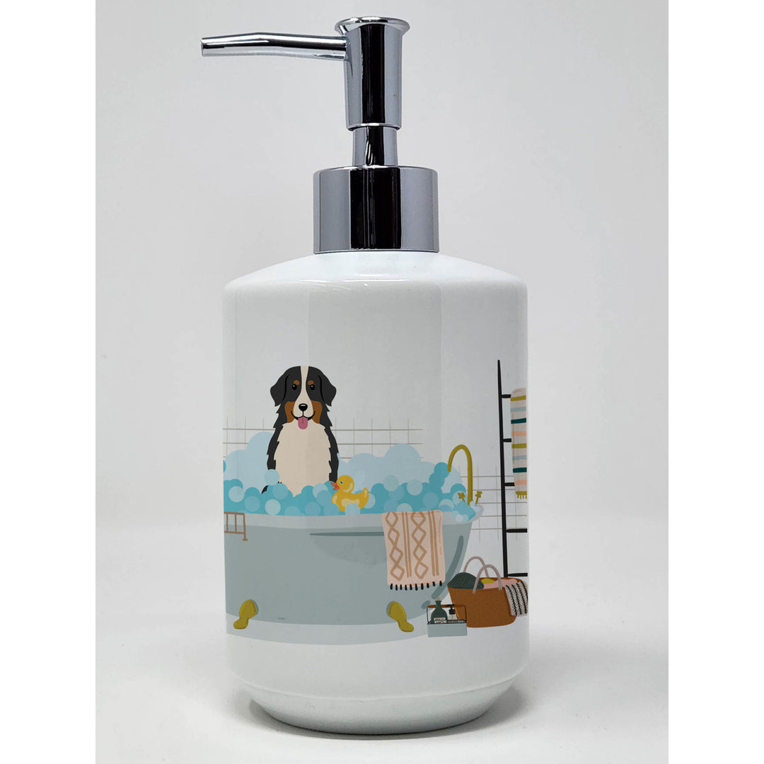 Bernese Mountain Dog in Bathtub Ceramic Soap Dispenser Image 1