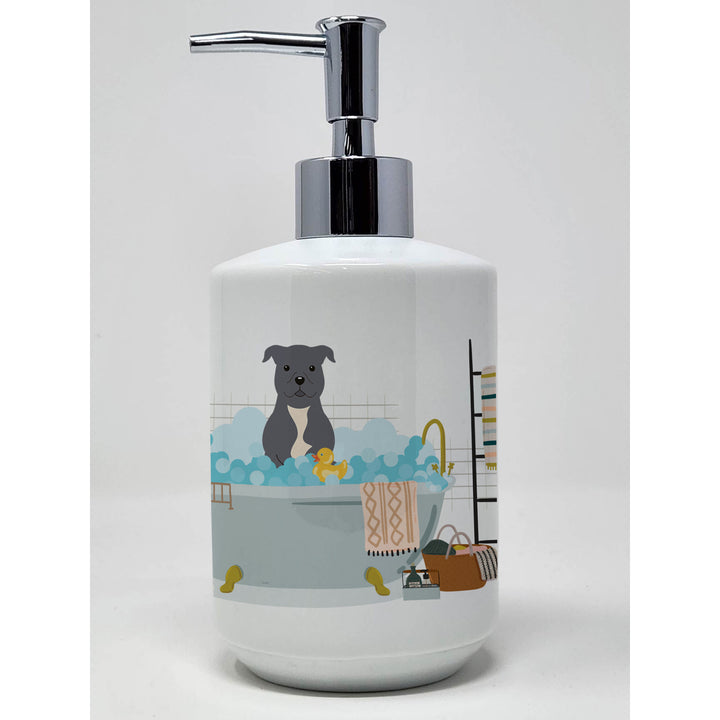 Blue Staffordshire Bull Terrier in Bathtub Ceramic Soap Dispenser Image 1