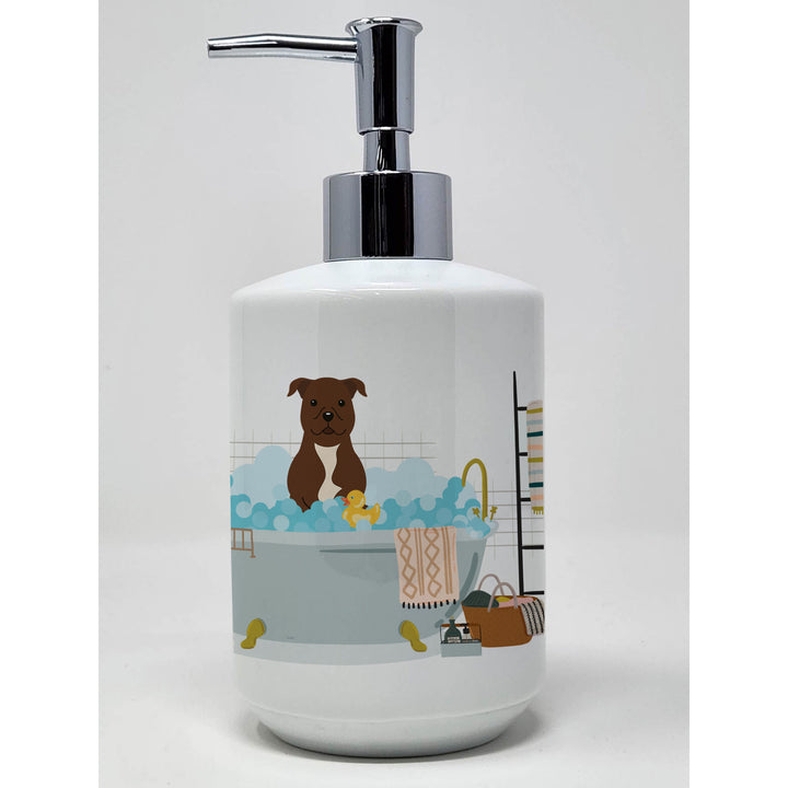 Chocolate Staffordshire Bull Terrier in Bathtub Ceramic Soap Dispenser Image 1