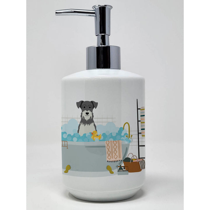 Salt and Pepper Miniature Schnauzer in Bathtub Ceramic Soap Dispenser Image 1