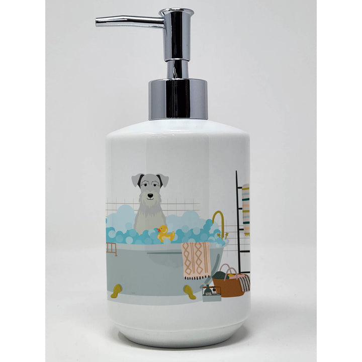 White Miniature Schnauzer in Bathtub Ceramic Soap Dispenser Image 1