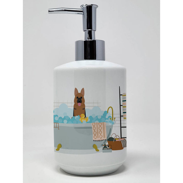 German Shepherd in Bathtub Ceramic Soap Dispenser Image 1