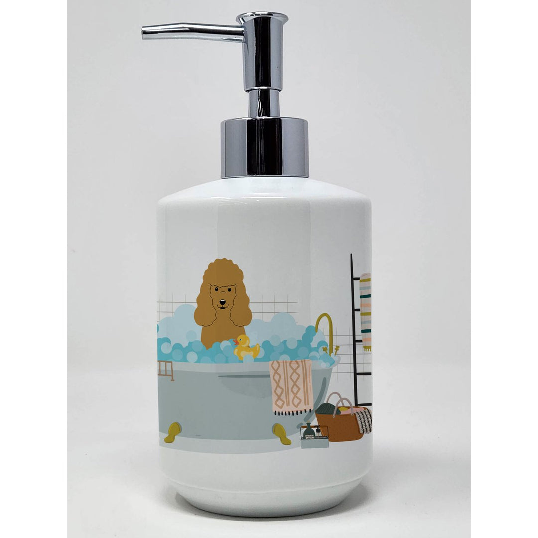 Tan Poodle in Bathtub Ceramic Soap Dispenser Image 1