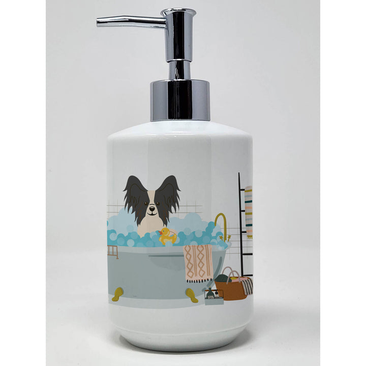 Black White Papillon in Bathtub Ceramic Soap Dispenser Image 1