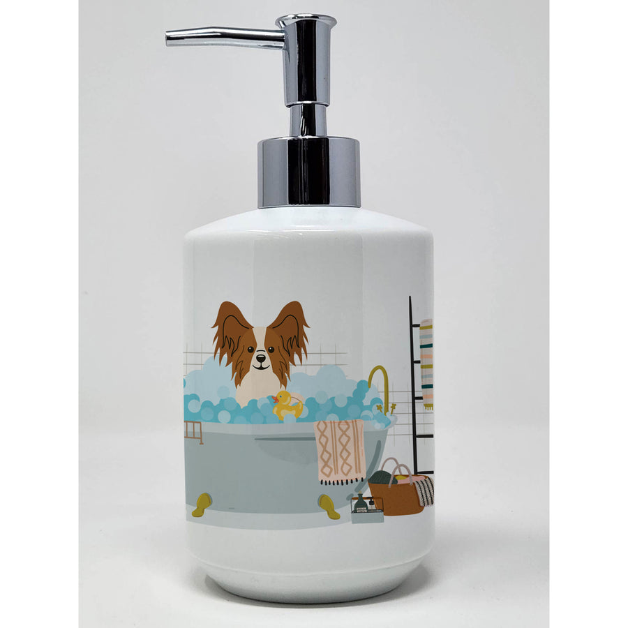 Red White Papillon in Bathtub Ceramic Soap Dispenser Image 1