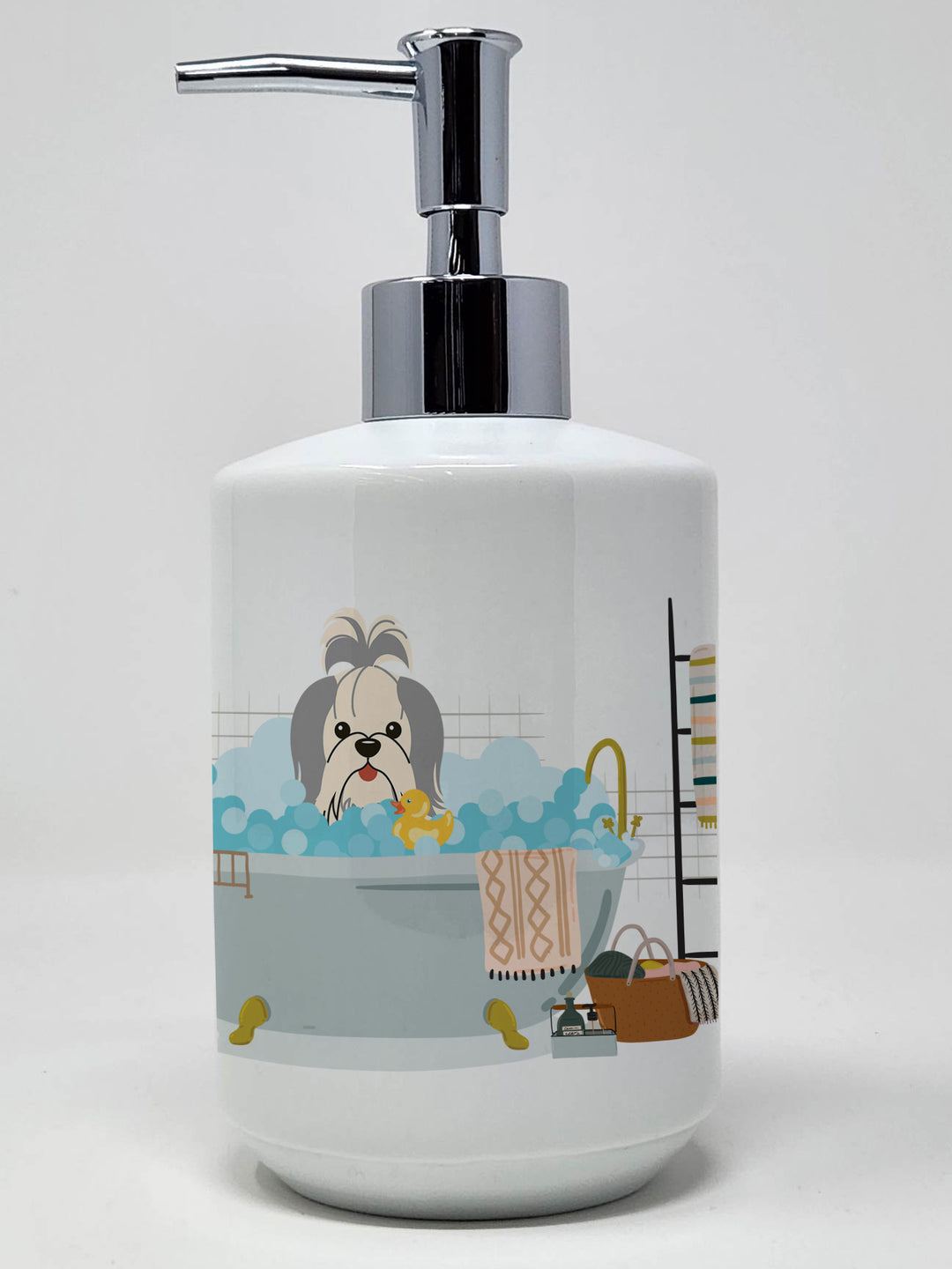 Silver White Shih Tzu in Bathtub Ceramic Soap Dispenser Image 1