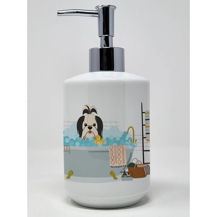 Black White Shih Tzu in Bathtub Ceramic Soap Dispenser Image 1