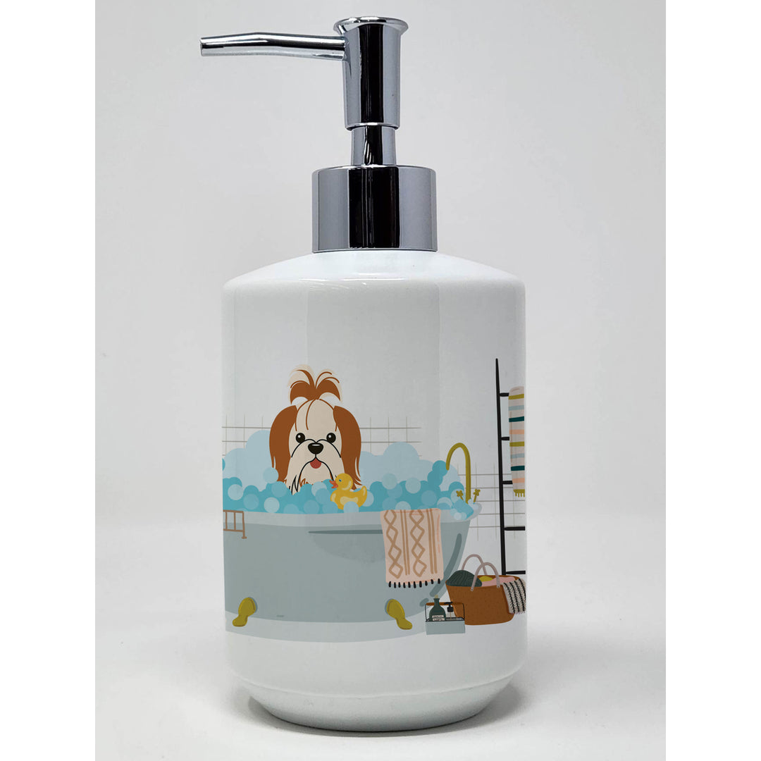 Red White Shih Tzu in Bathtub Ceramic Soap Dispenser Image 1