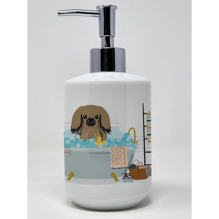 Tan Pekingese in Bathtub Ceramic Soap Dispenser Image 1