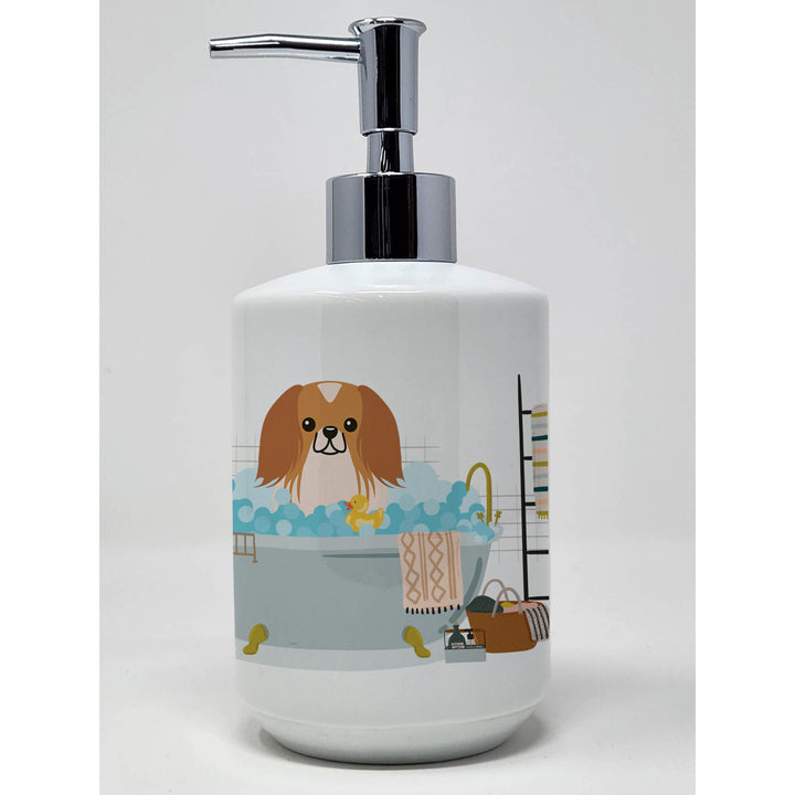 Red White Pekingese in Bathtub Ceramic Soap Dispenser Image 1