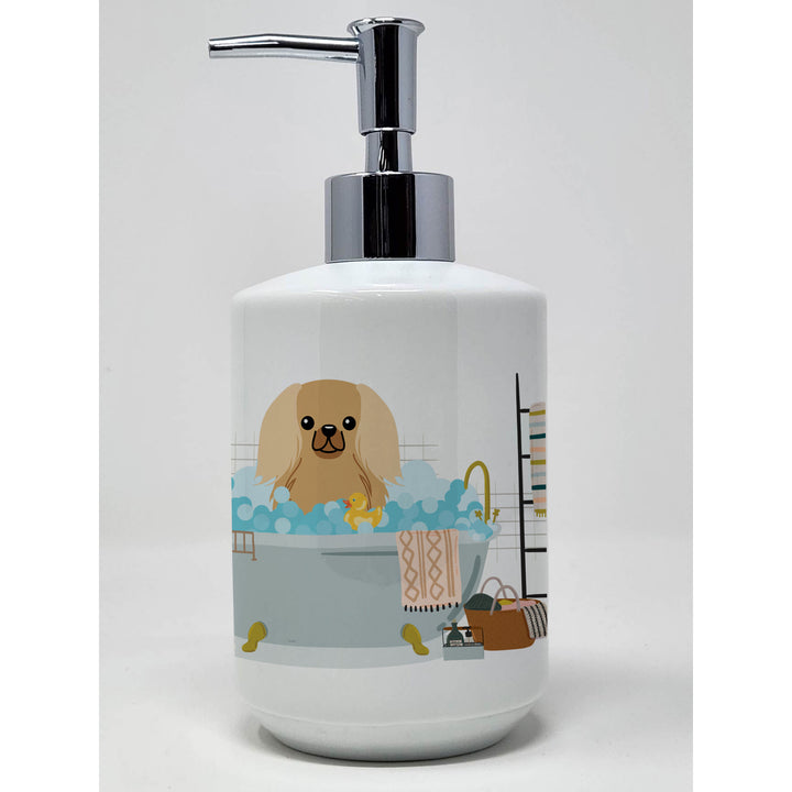 Fawn Sable Pekingese in Bathtub Ceramic Soap Dispenser Image 1