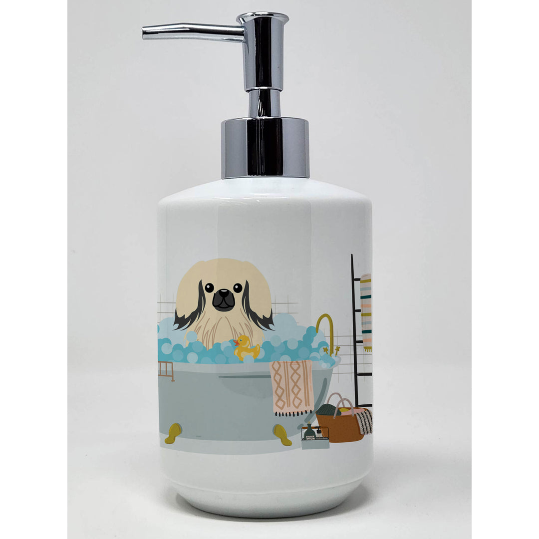 Cream Pekingese in Bathtub Ceramic Soap Dispenser Image 1