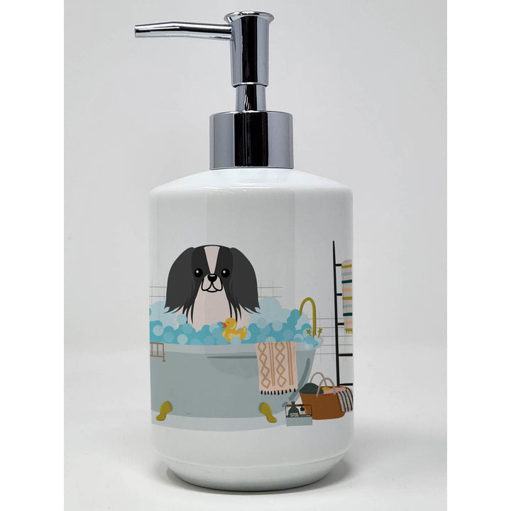 Black White Pekingese in Bathtub Ceramic Soap Dispenser Image 1