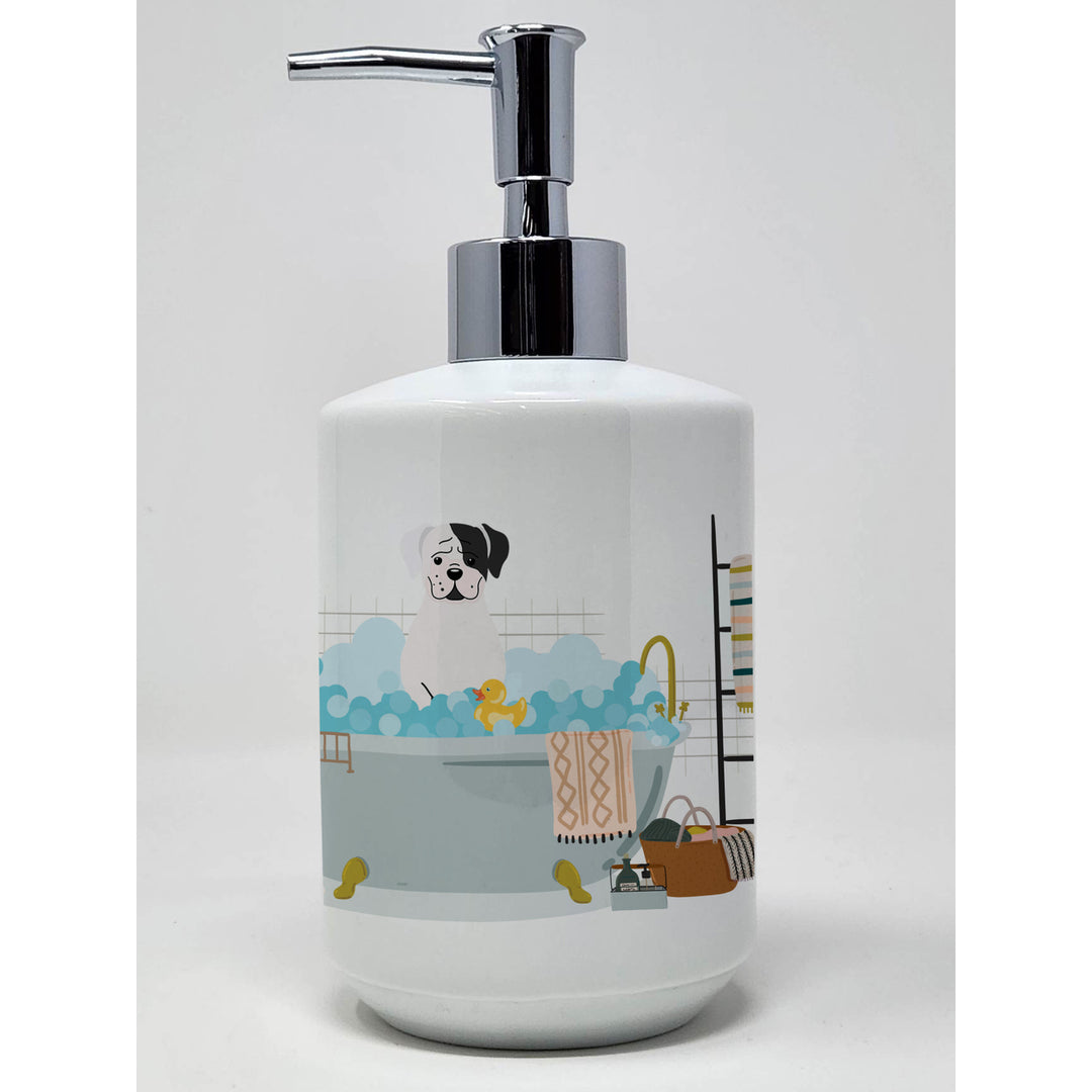 White Boxer in Bathtub Ceramic Soap Dispenser Image 1