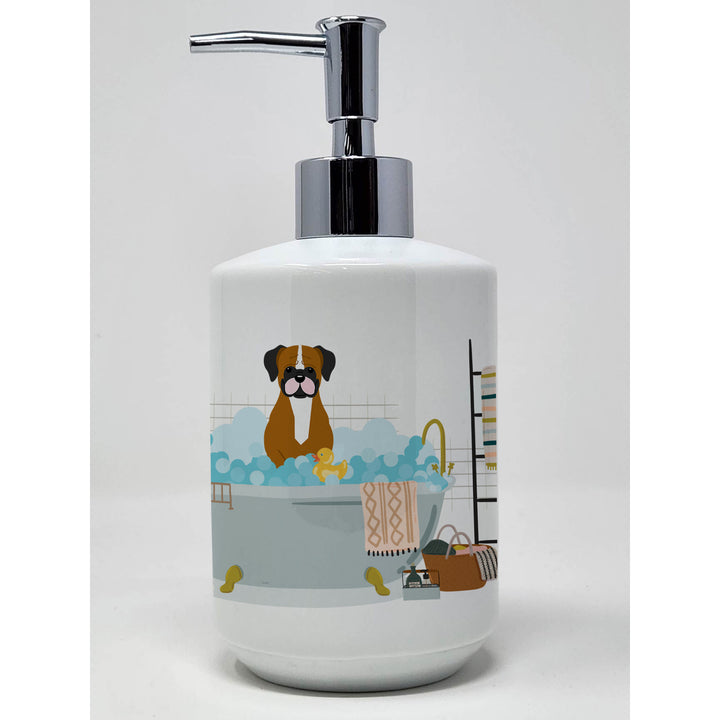 Flashy Fawn Boxer in Bathtub Ceramic Soap Dispenser Image 1