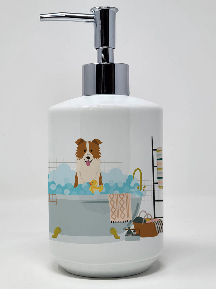 Red White Border Collie in Bathtub Ceramic Soap Dispenser Image 1