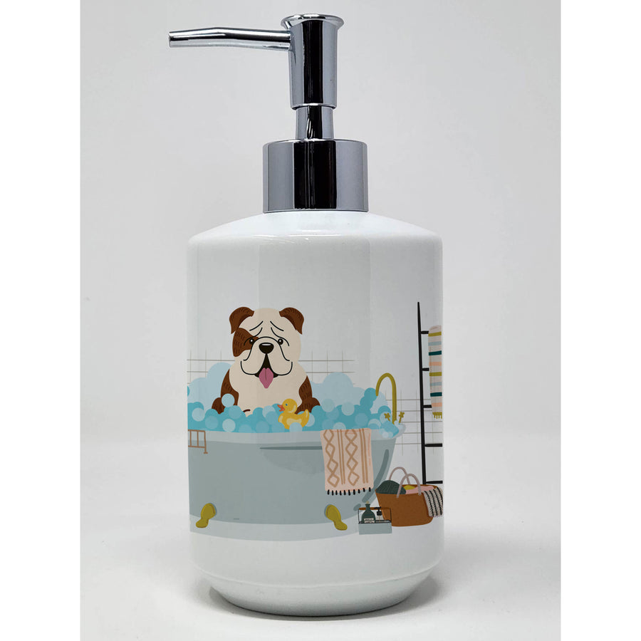 Brindle White English Bulldog in Bathtub Ceramic Soap Dispenser Image 1