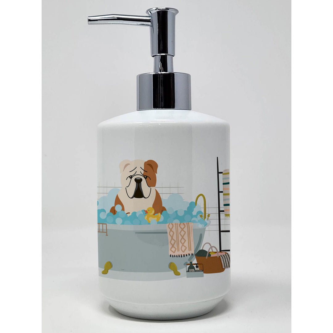 Fawn White English Bulldog in Bathtub Ceramic Soap Dispenser Image 1