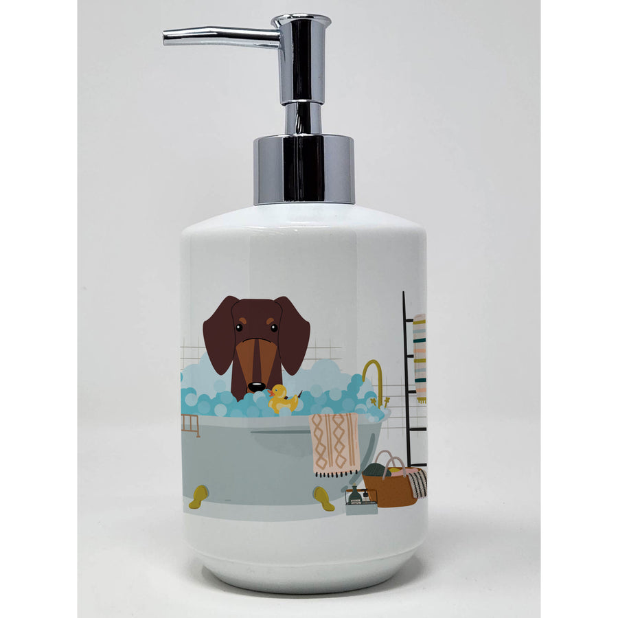 Chocolate Dachshund in Bathtub Ceramic Soap Dispenser Image 1