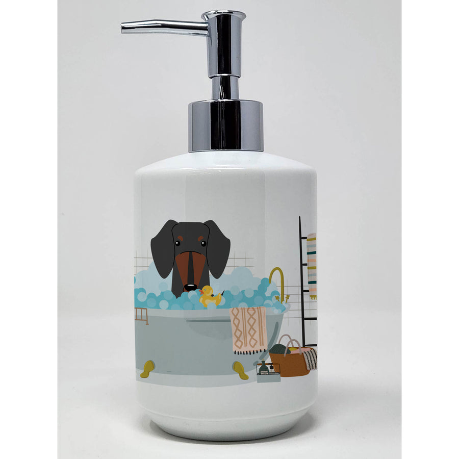 Black Tan Dachshund in Bathtub Ceramic Soap Dispenser Image 1