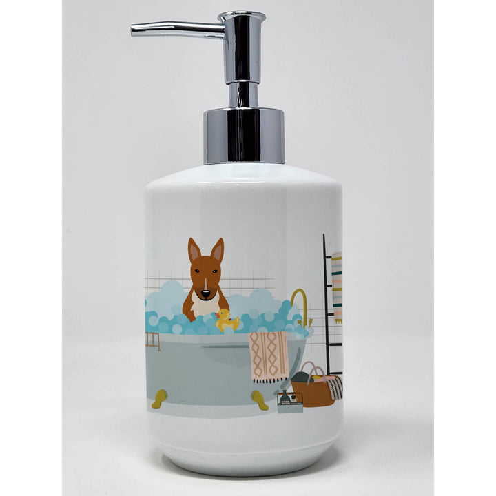 Red Bull Terrier in Bathtub Ceramic Soap Dispenser Image 1