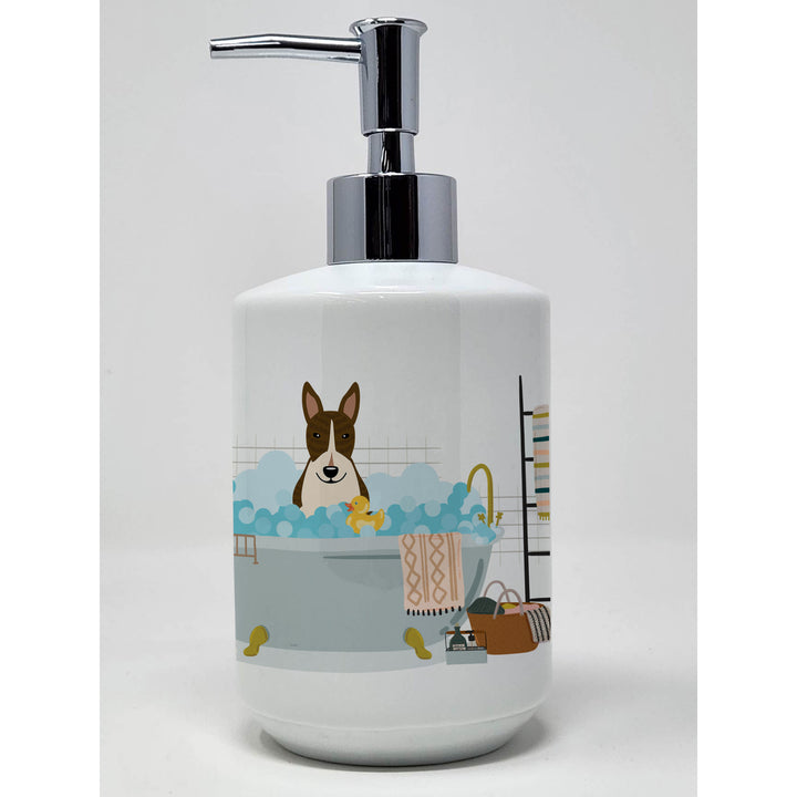 Dark Brindle Bull Terrier in Bathtub Ceramic Soap Dispenser Image 1