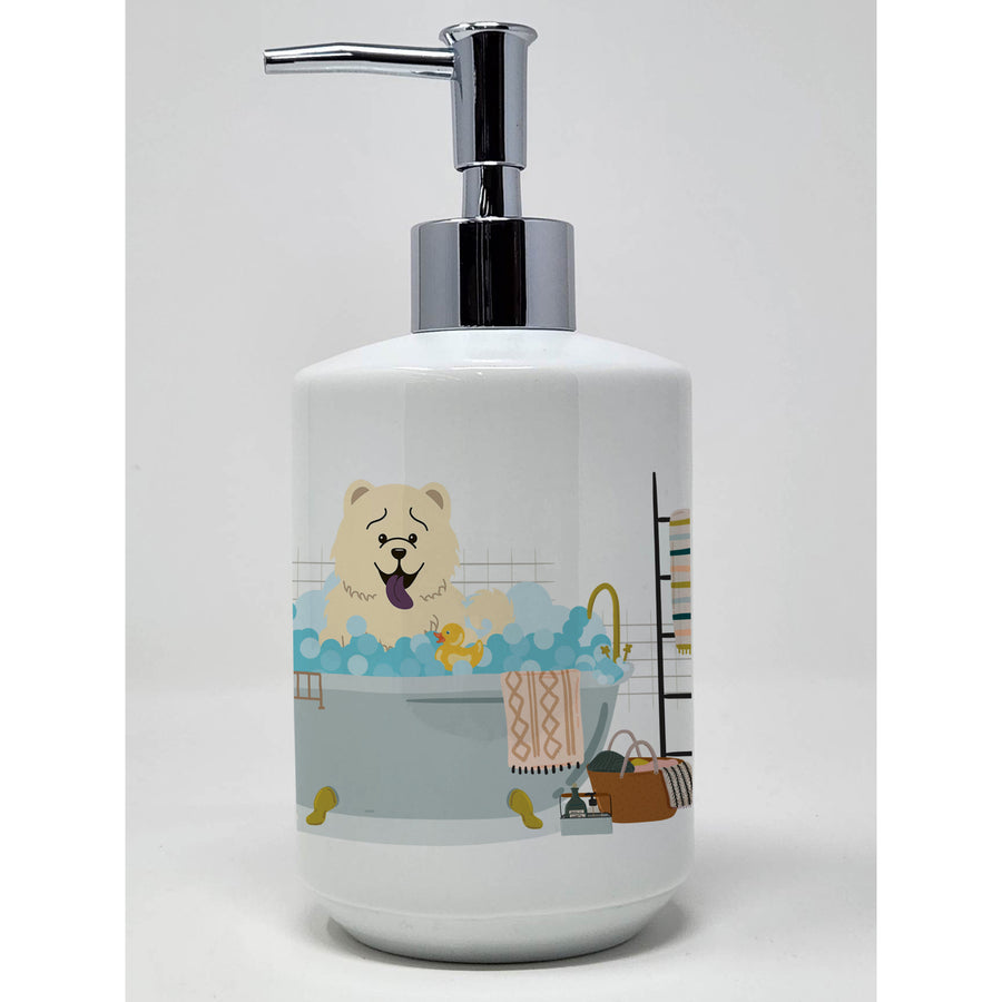 White Chow Chow in Bathtub Ceramic Soap Dispenser Image 1